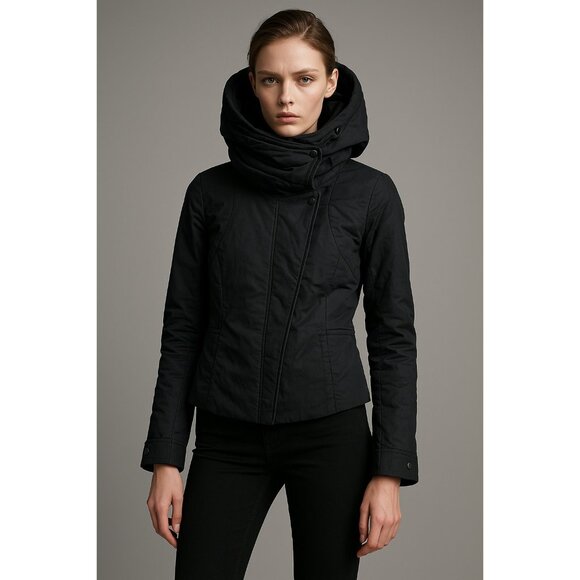 JNBY Women’s Black High Collar Jacket Size L Asymmetrical Zip Modern Minimalist - Picture 2 of 16